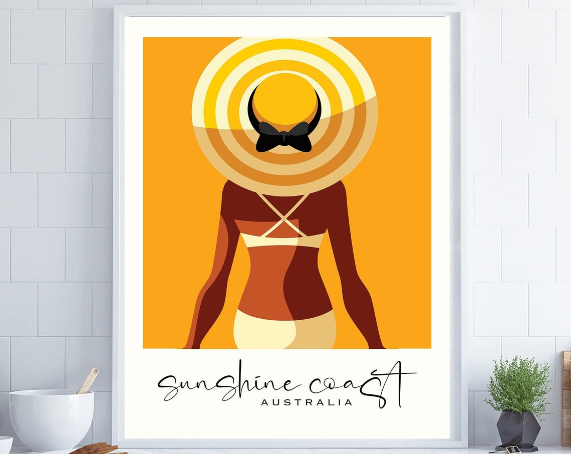 Sunshine Coast Australia Orange Sun Hat Retro Beach Travel Poster