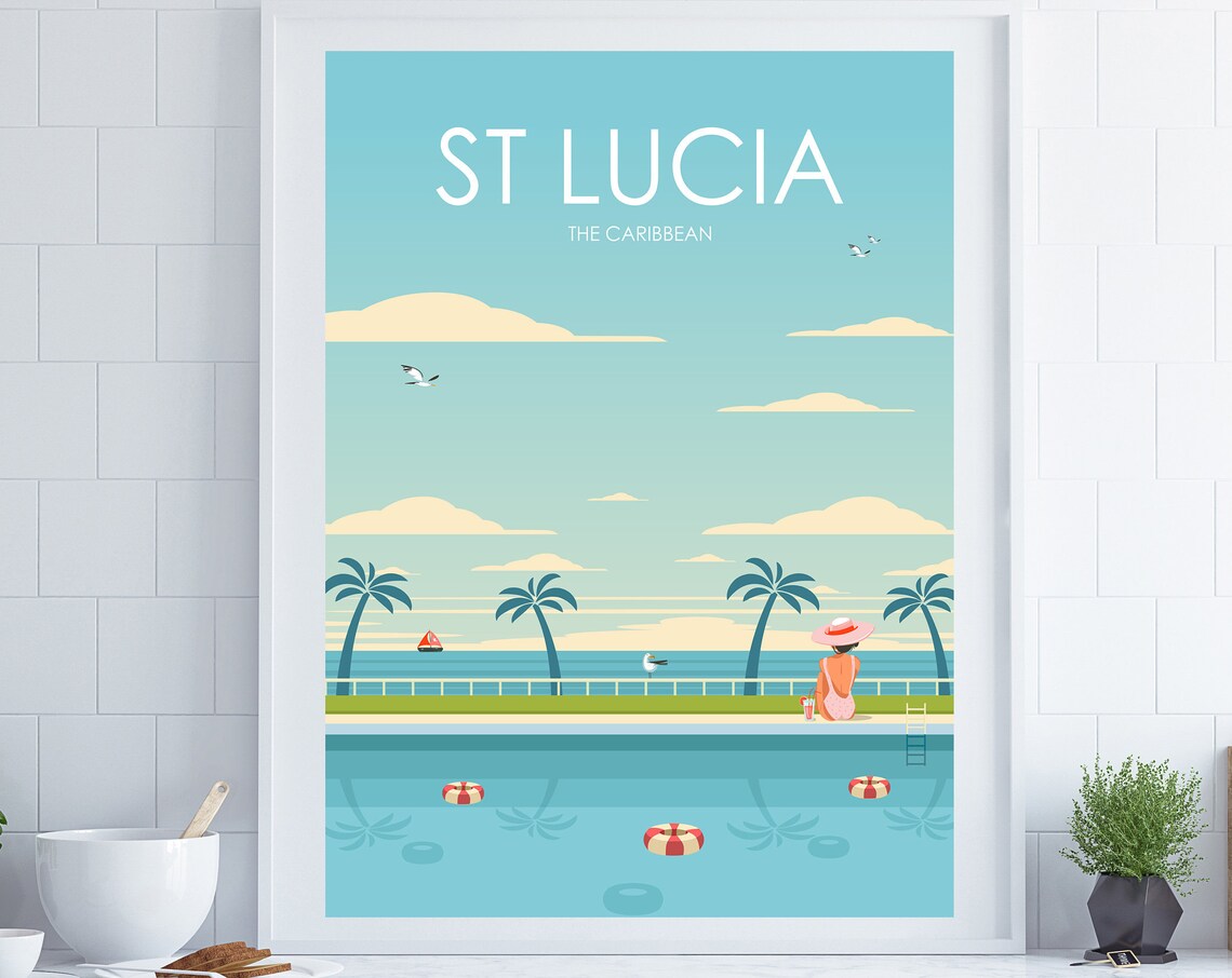 St Lucia Retro Travel Poster, Coastal Decor Art Print