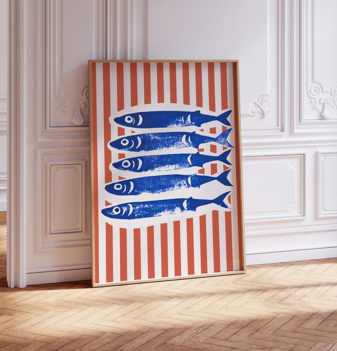 Retro Blue Sardines Poster with Red and White Striped Background - Image 2