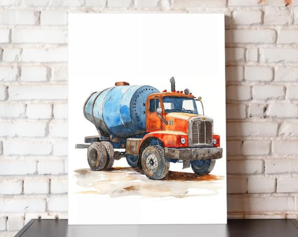 Concrete Mixer Truck Watercolor Orange Cab Blue Drum Vehicle Poster