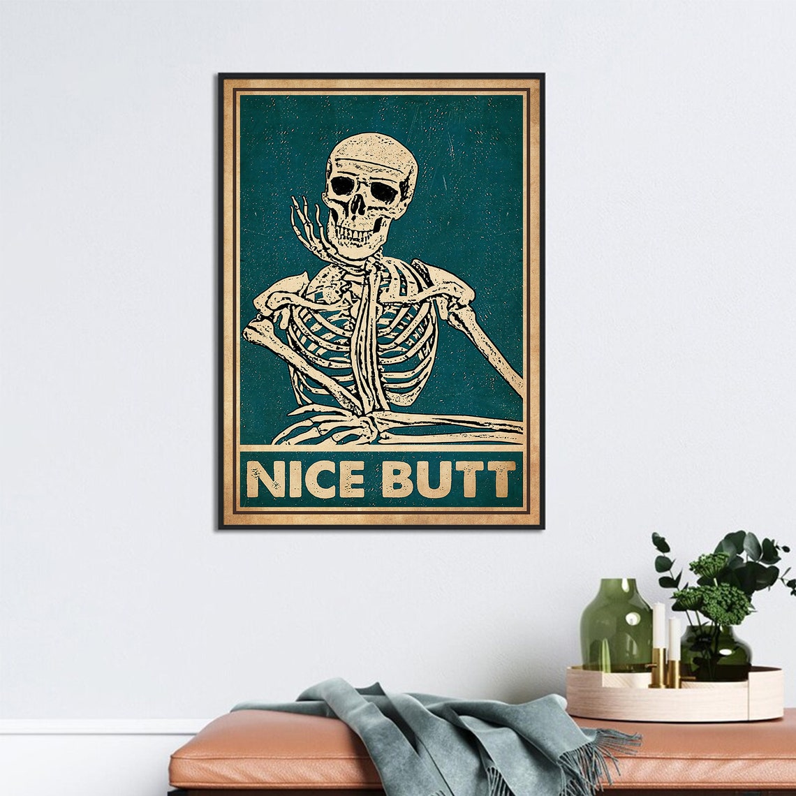 Funny Skeleton Nice Butt Teal Vintage Bathroom Humor Wall Poster - Image 3