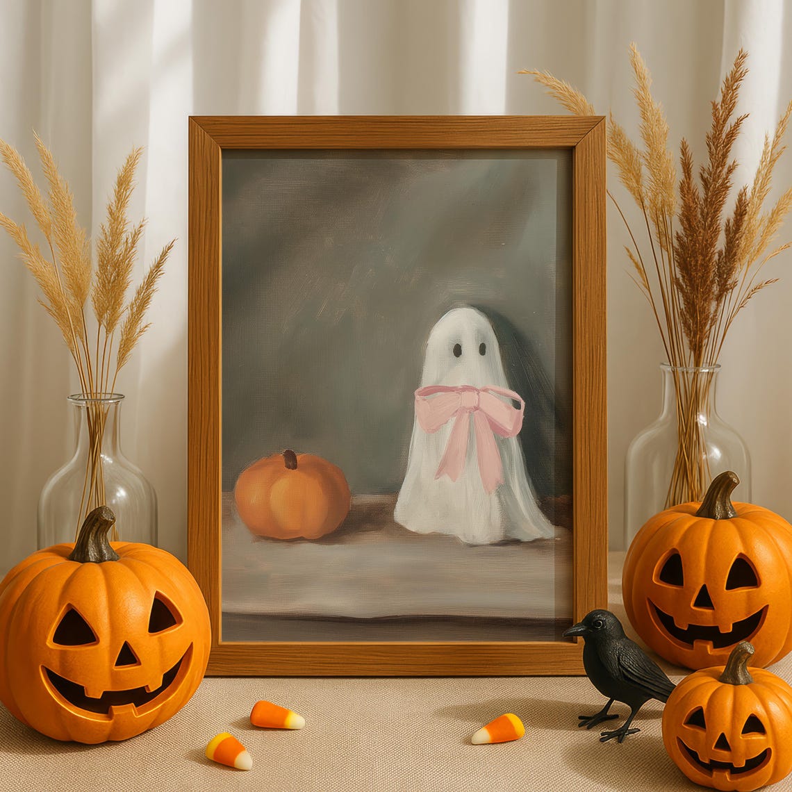 Coquette Print Cute Halloween Wall Art With Pink Bow And Pumpkin Instant For Fall Spooky Season Decor