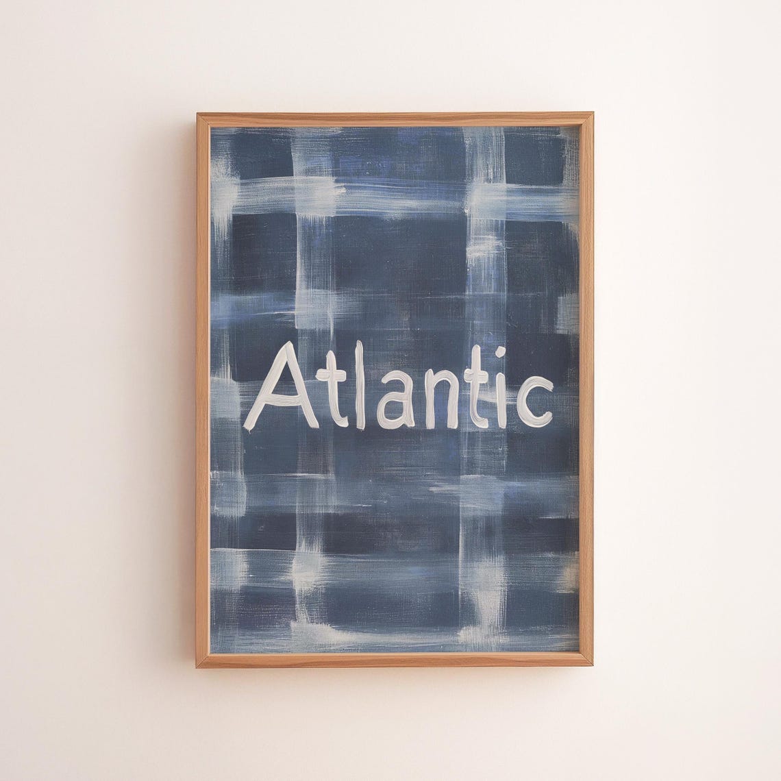 Atlantic Navy Blue Gingham Plaid Rustic Coastal Typography Poster