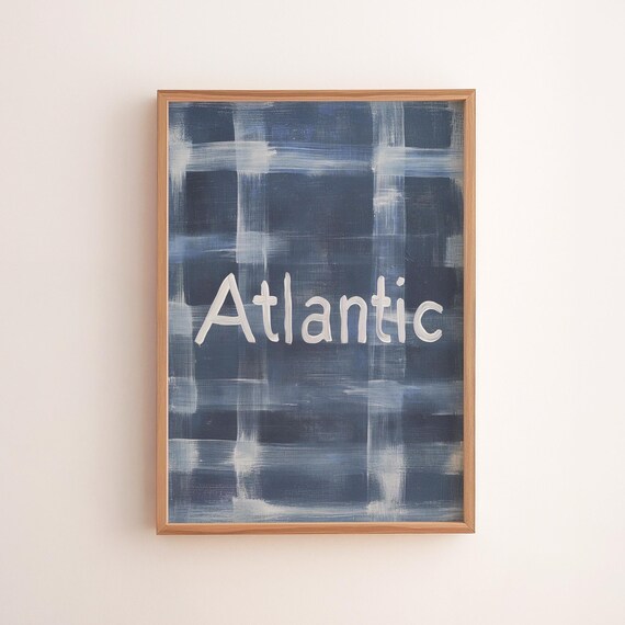 Atlantic Navy Blue Gingham Plaid Rustic Coastal Typography Poster