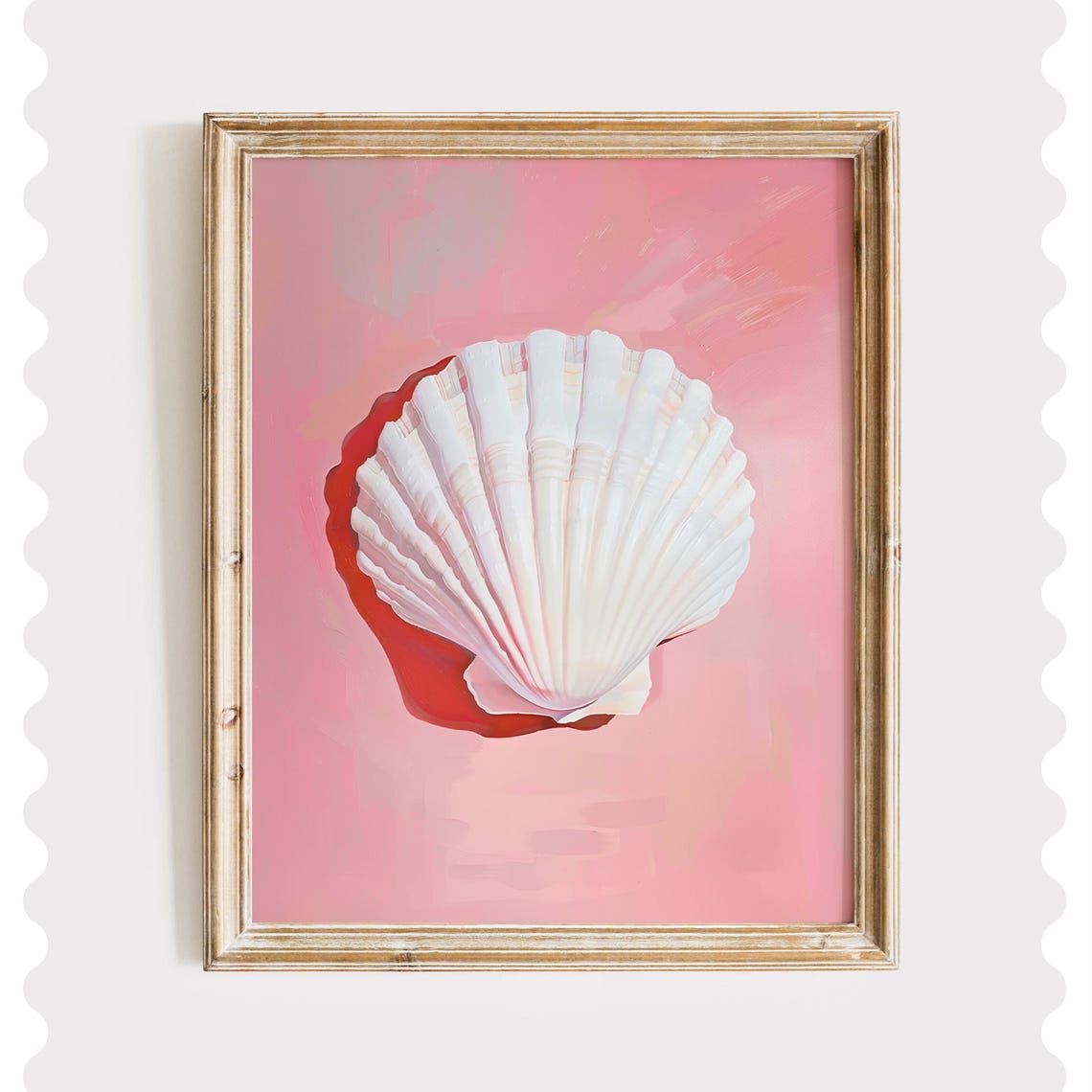 White Scallop Seashell on Blush Pink Background Coastal Art Poster