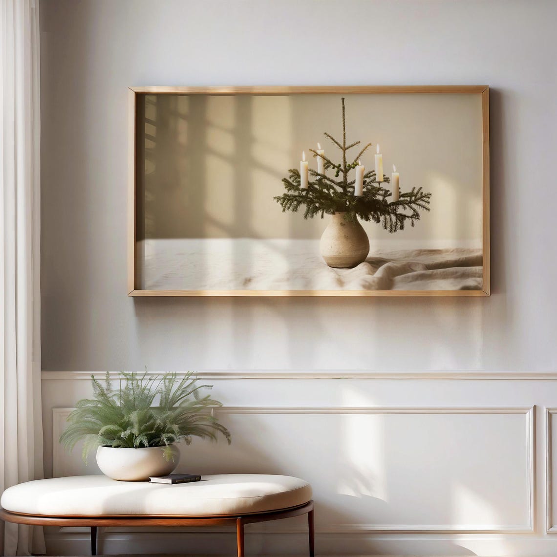 Minimalist Christmas Pine Branch Candlelight Still Life Art Poster