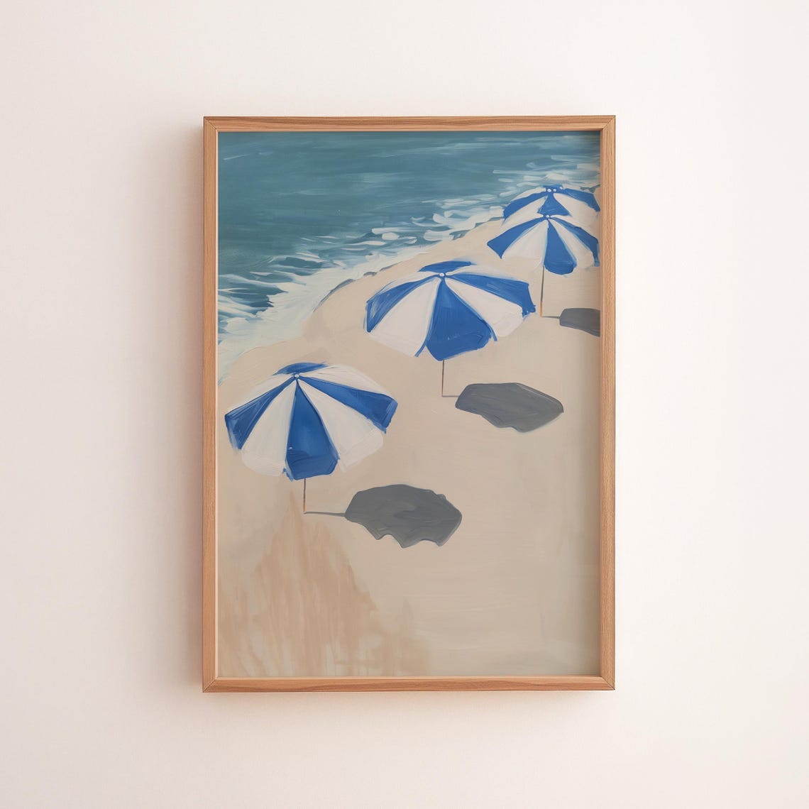 Blue White Striped Beach Umbrellas Aerial Coastal Art Poster