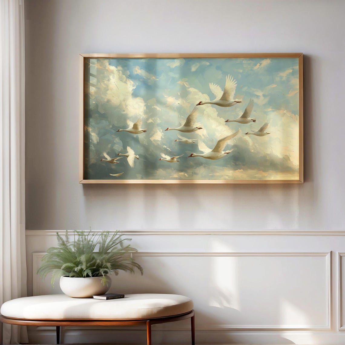 White Swans Flying Through Dramatic Cloudy Sky Bird Painting Poster