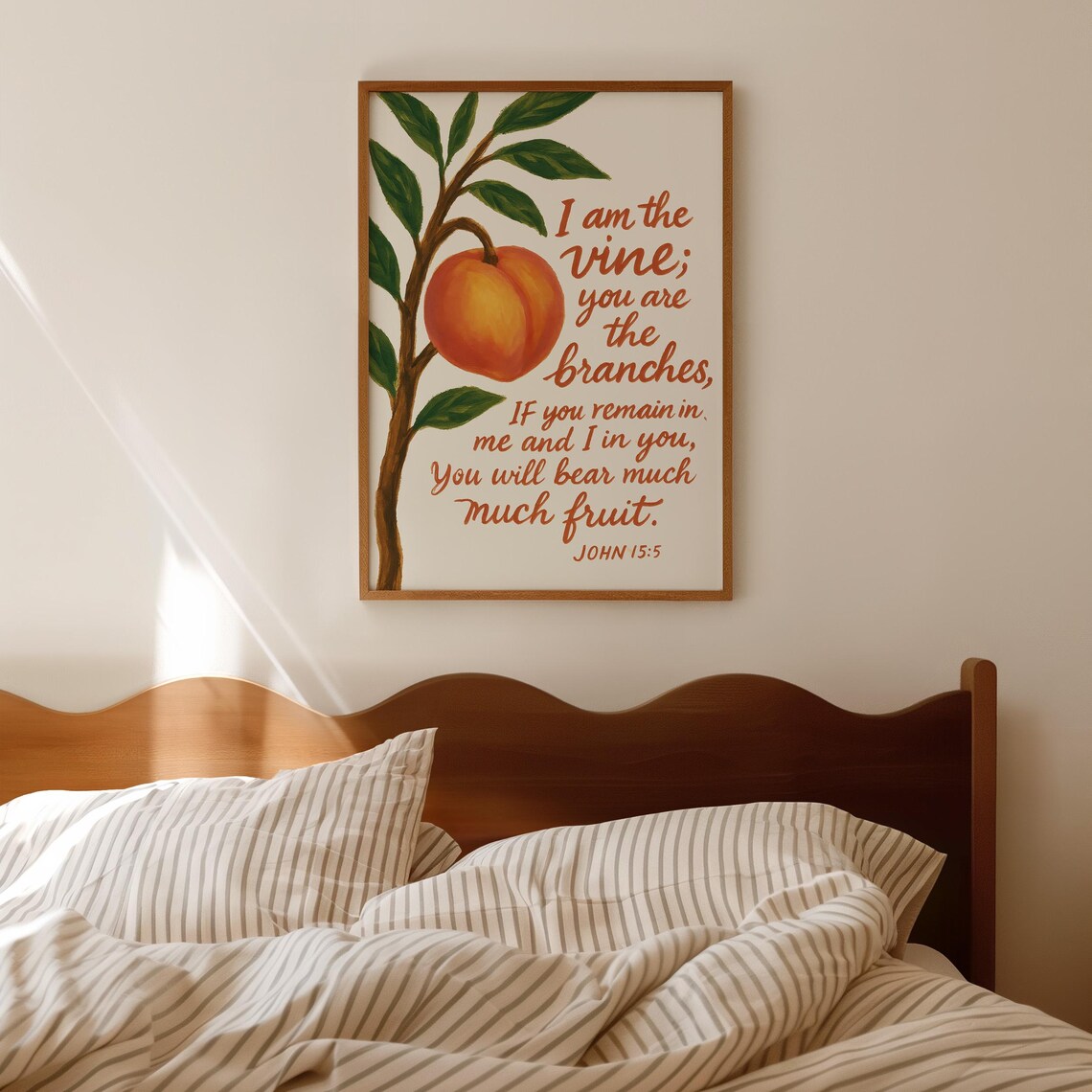 The Vine Bible Verse Print John 155 Christian Wall Art Fruit Of Spirit Botanical Peach Scripture