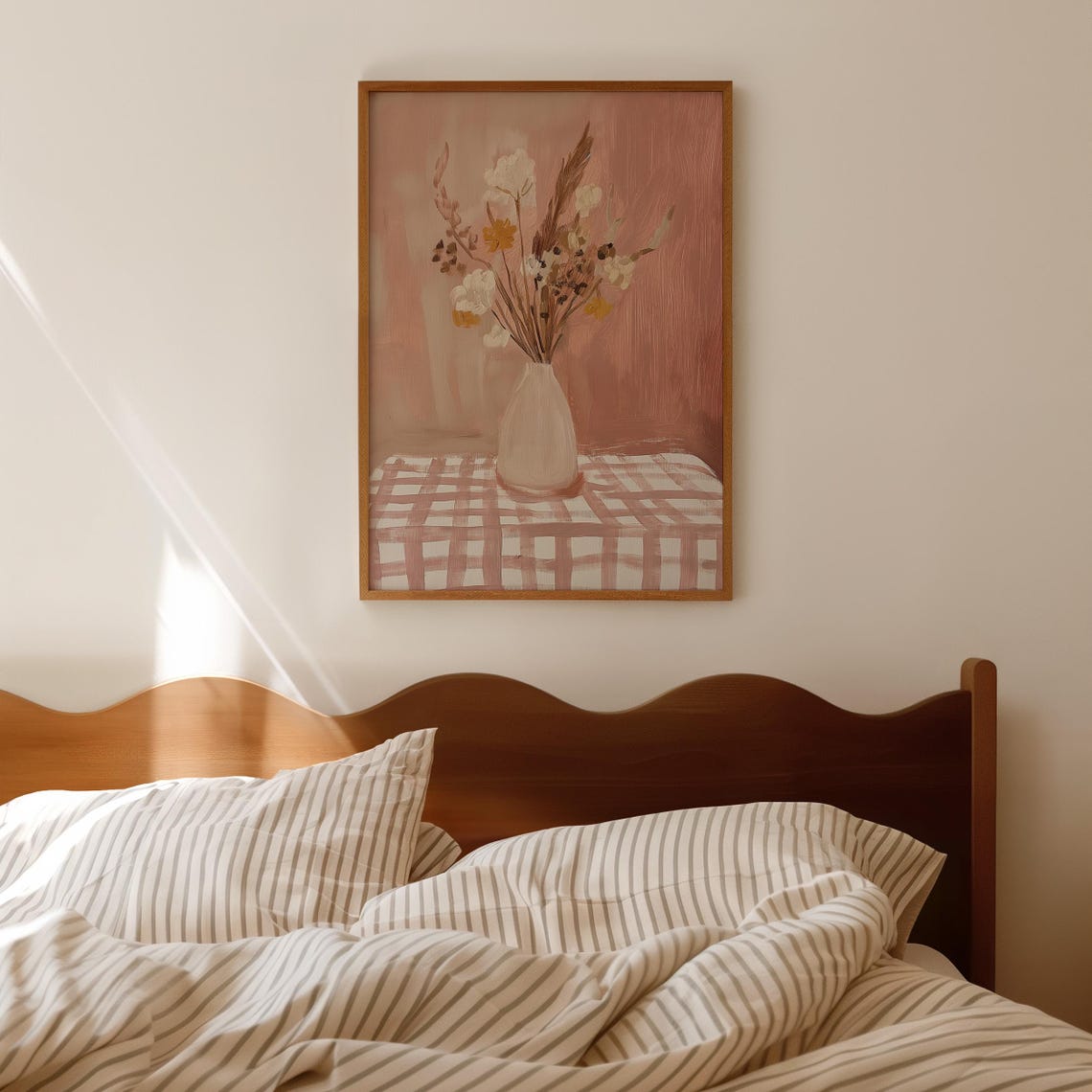 Dusty Rose Dried Flower Bouquet in Vase on Gingham Cloth Poster