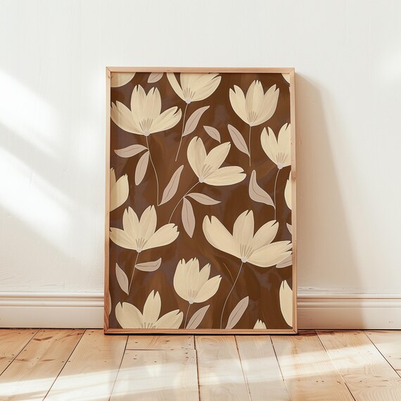 Cream Wildflower Block Pattern Brown Vintage Botanical Poster