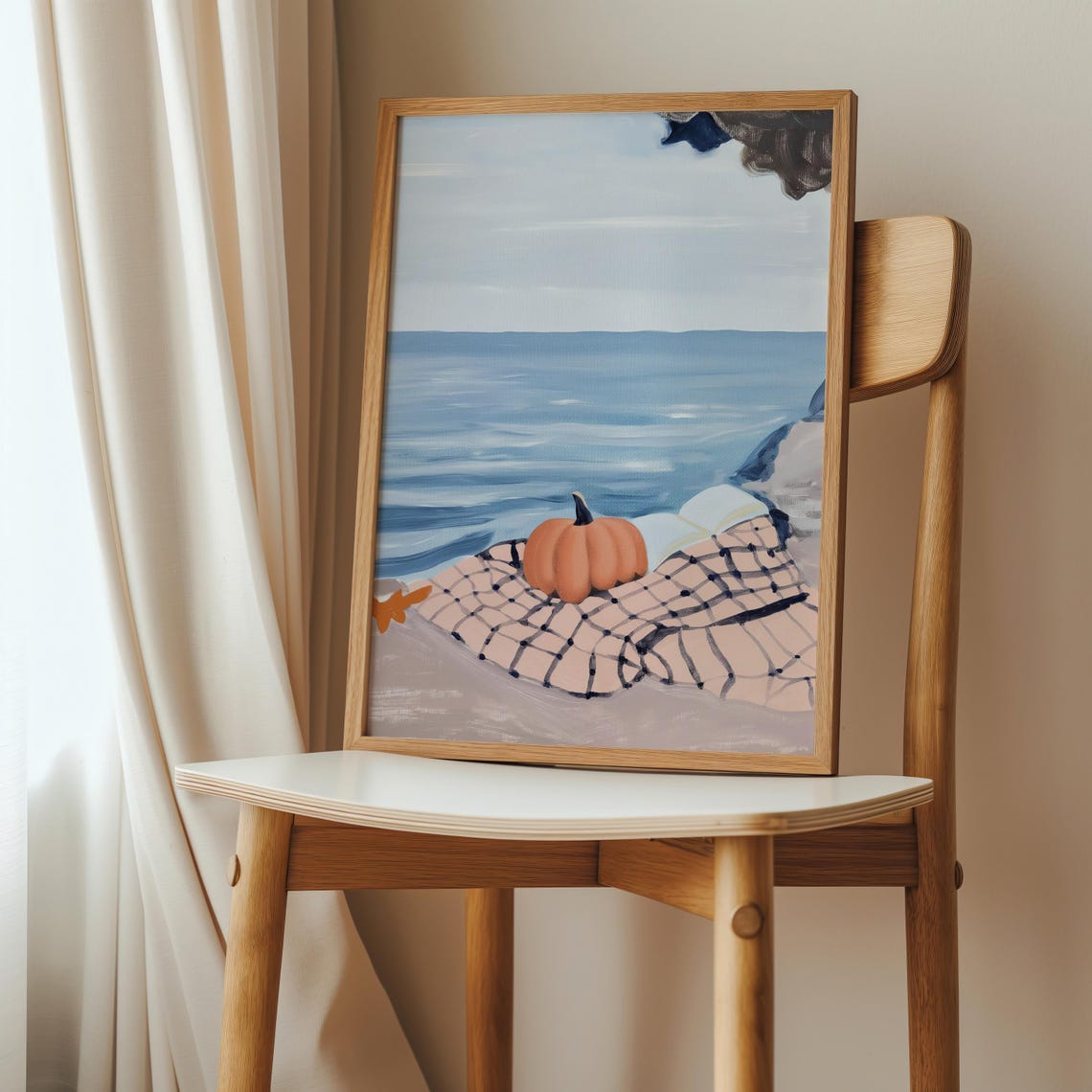 Coastal Autumn Print Pumpkin Book Gingham Blanket