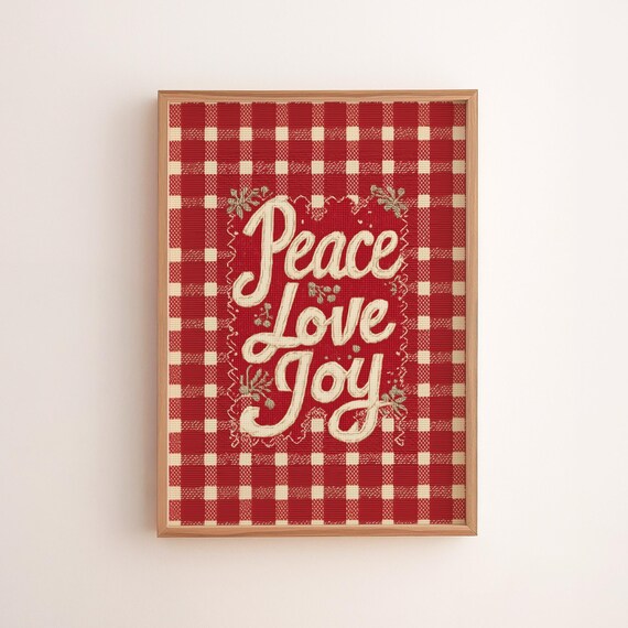Cozy Peace Love Joy Red Gingham Christmas Holiday Script Wall Art
