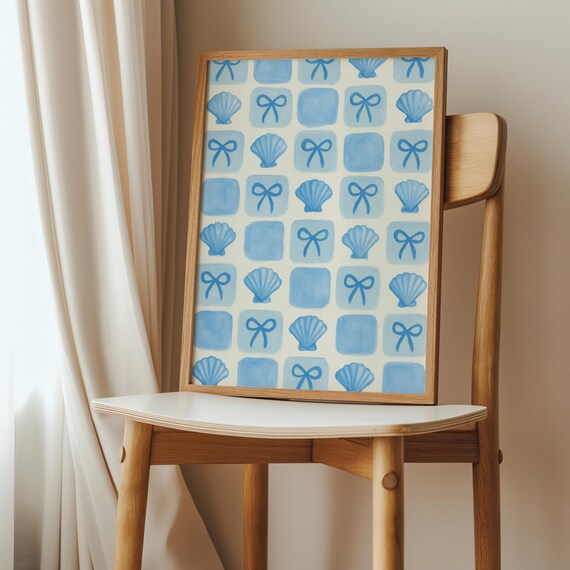 Blue Bows And Shells Checkerboard Coastal Coquette Preppy Pattern Poster