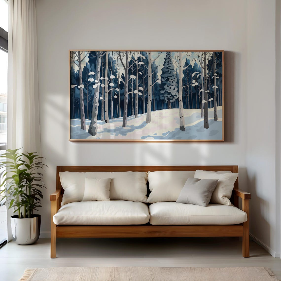 Snowy Birch Forest Winter Blue Trees Panoramic Landscape Poster