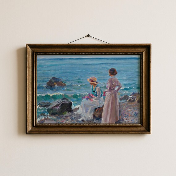 Vintage Seaside Women Rocky Coast Impressionist Ocean Poster
