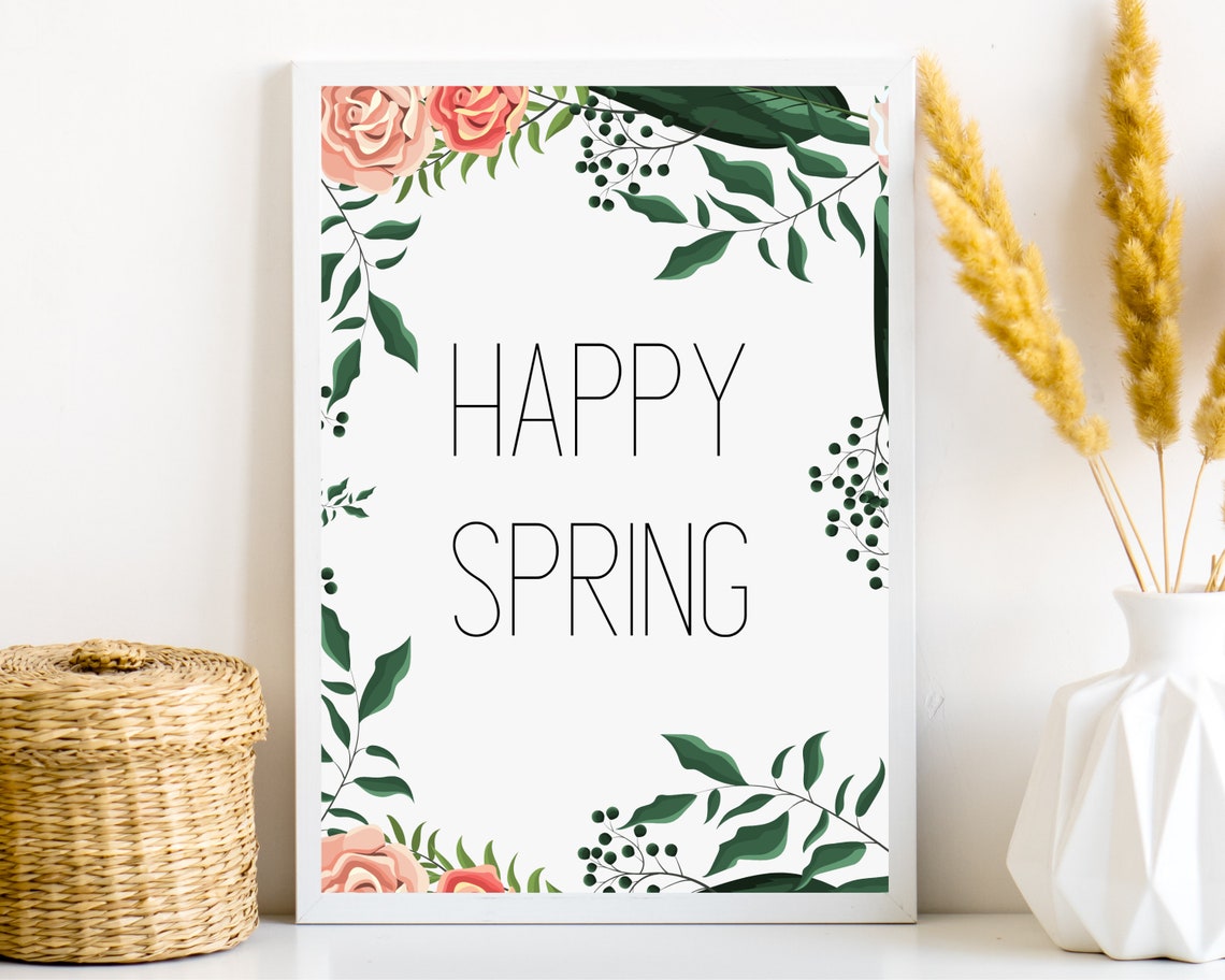 Happy Spring Floral Border Roses Minimal Typography Wall Poster