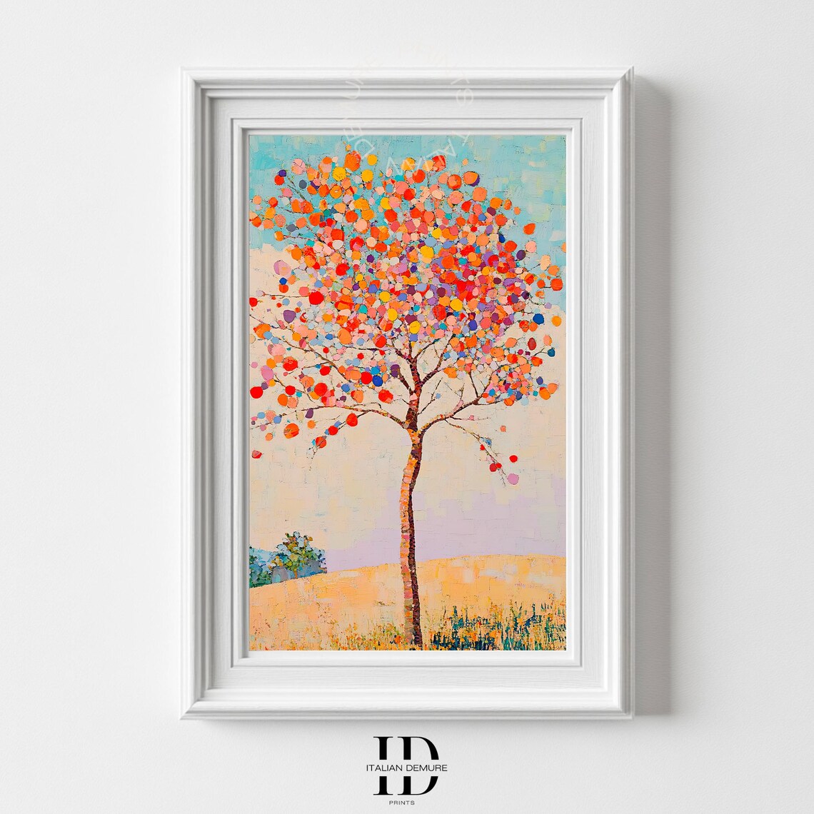 Colorful Confetti Dot Tree in Golden Field Whimsical Art Poster