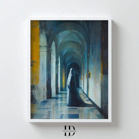 Haunted Cloister Wall Art Gothic Monastery Print Moody Teal Blue Poster Minimal Figure Halloween Decor