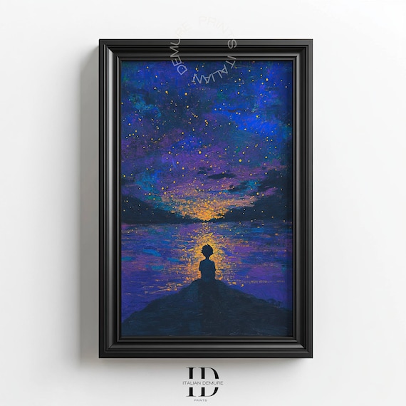 Starry Night Reflection Art Dreamy Silhouette At Ocean Sunset Cosmic Sky Print Tranquil Fantasy Wall Instant