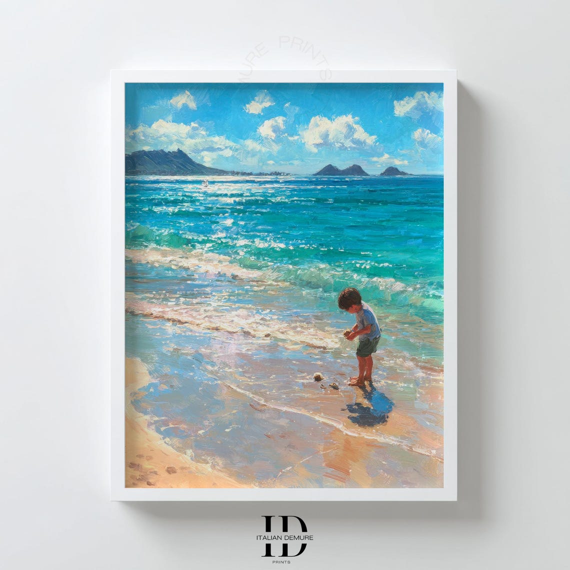 Small Boy Playing On Beach Shore With Turquoise Ocean Waves Poster