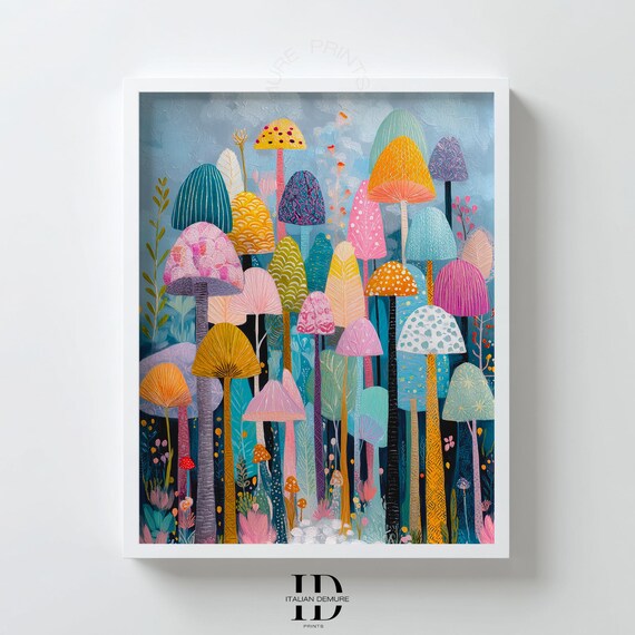 Colorful Mushroom Wall Art Whimsical Toadstool Print Scandinavian Forest Illustration Boho Nursery Decor Poster