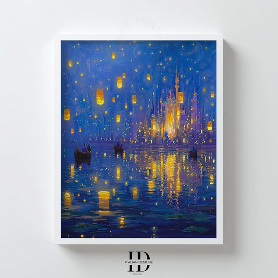 Lantern Castle Wall Art Fairytale Night Sky Print Blue Fantasy Illustration Romance Poster Whimsical Bedroom Decor
