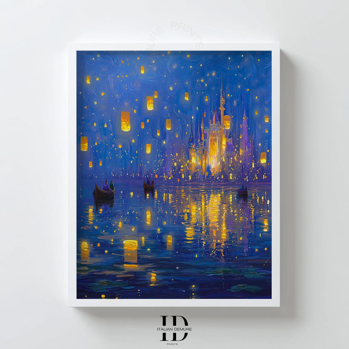 Lantern Castle Wall Art Fairytale Night Sky Print Blue Fantasy Illustration Romance Poster Whimsical Bedroom Decor