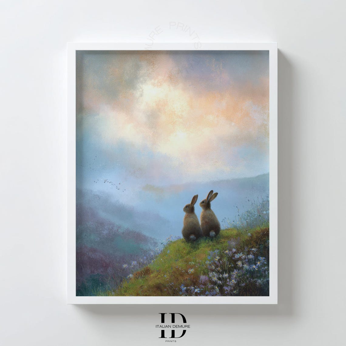 Two Bunnies Watching Misty Sunrise Pastel Meadow Painting Poster