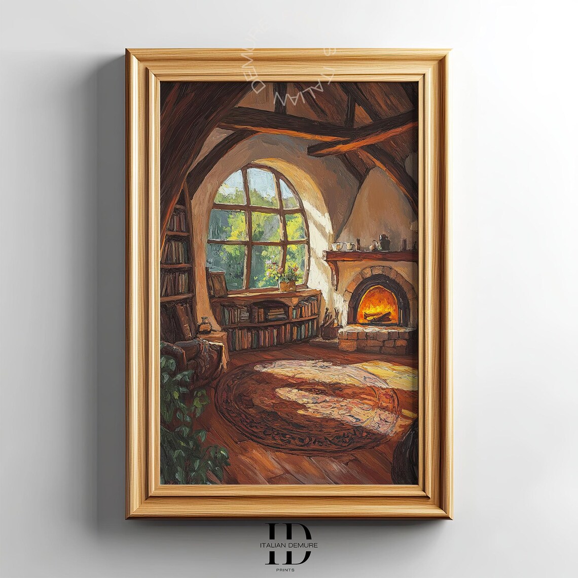Cozy Cabin Library Fireplace Arched Window Autumn Reading Nook Oil Poster