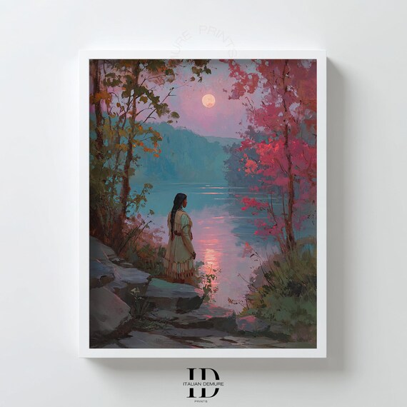 Sunset Lake Wall Art Nativeinspired Woman Landscape Print Autumn Nature Painting Tranquil River Scene Poster