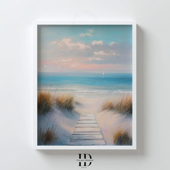 Coastal Beach Path Pastel Dune Grass Sailboat Ocean Calm Poster