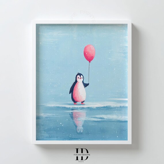 Cute Penguin With Pink Balloon Pastel Arctic Nursery Wall Art