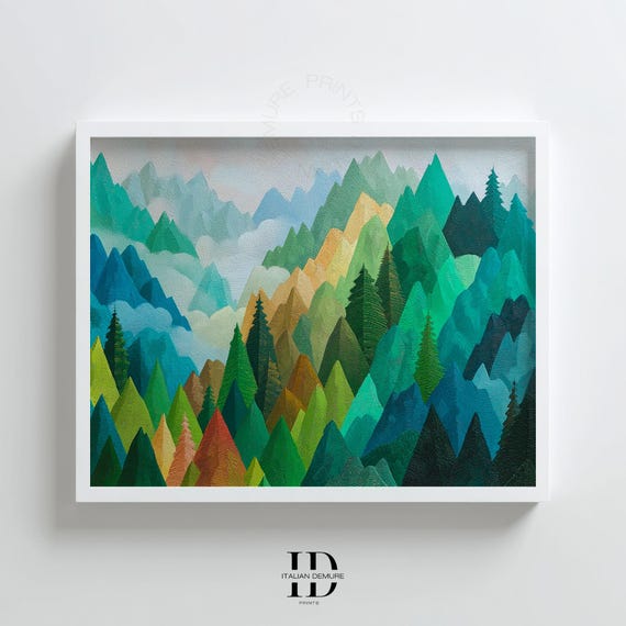 Mountain Landscape Wall Art Abstract Forest Print Horizontal Nature Painting Modern Green Poster Scenic Home Decor