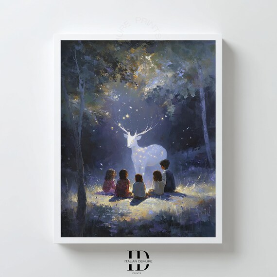 Enchanted Forest Magical Stag Night Scene Kids Bedroom Wall Art