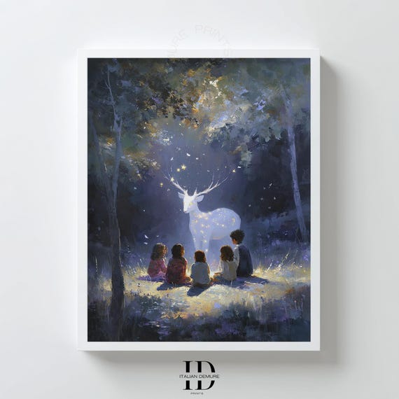 Magical Deer Forest Wall Art Enchanted Animal Print For Kids Fantasy Night Scene With Children Nursery Or Playroom