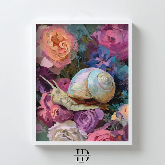 Snail And Rose Wall Art Whimsical Garden Print Pastel Floral Still Life Vintage Style Botanical Poster Artwork