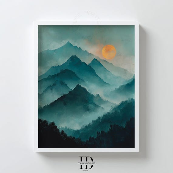 Teal Misty Mountain Wall Art Print Serene Sunrise Landscape Modern Nature Decor Poster For Bedroom And Living Room