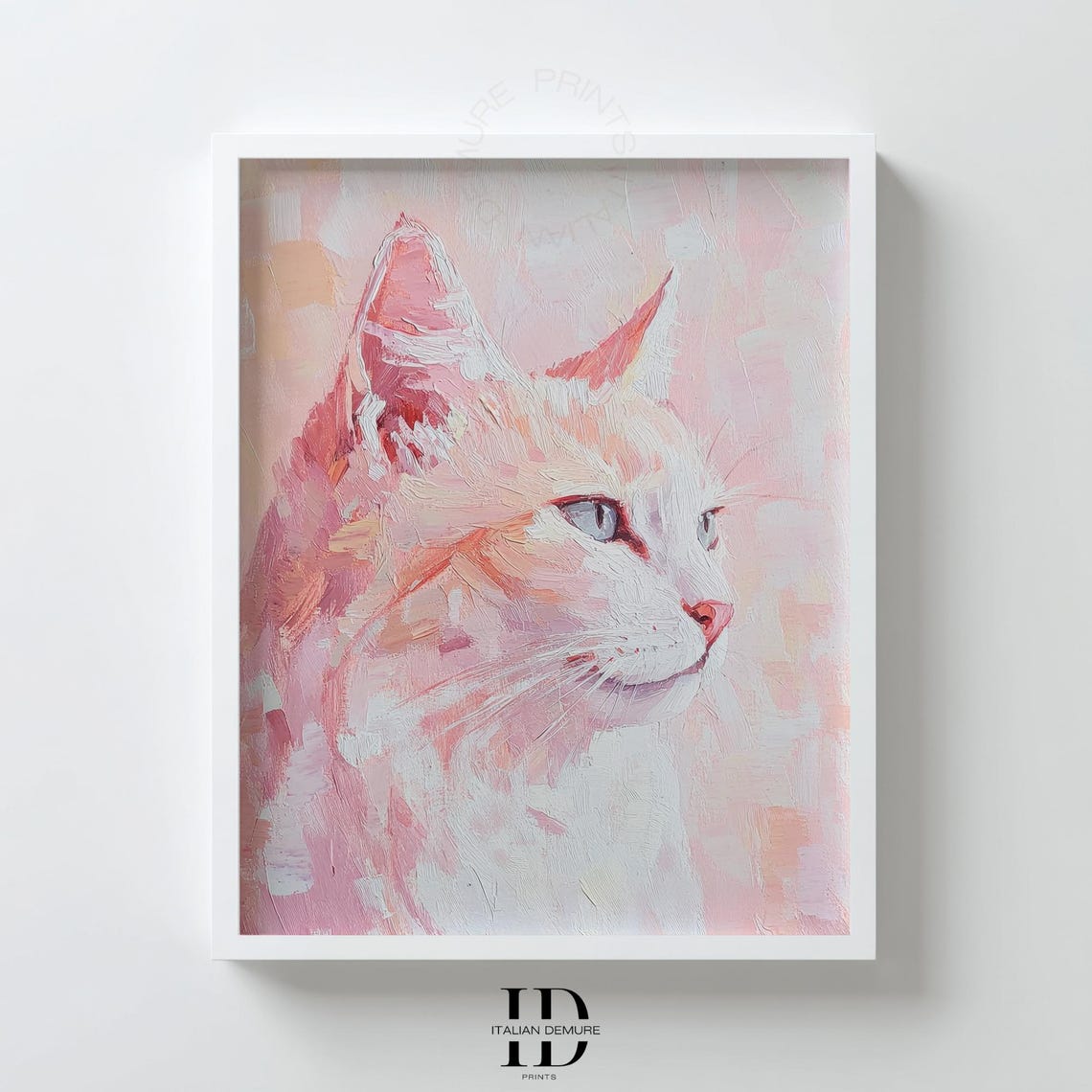 White Cat Portrait Pink Pastel Impasto Painting Feline Wall Art