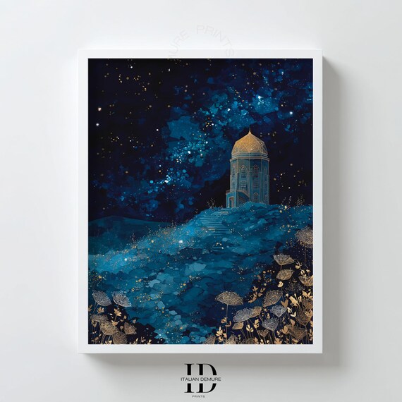 Night Sky Fantasy Wall Art Mystical Blue Landscape Print Gold Botanical Stars Poster Dreamy Tower Illustration