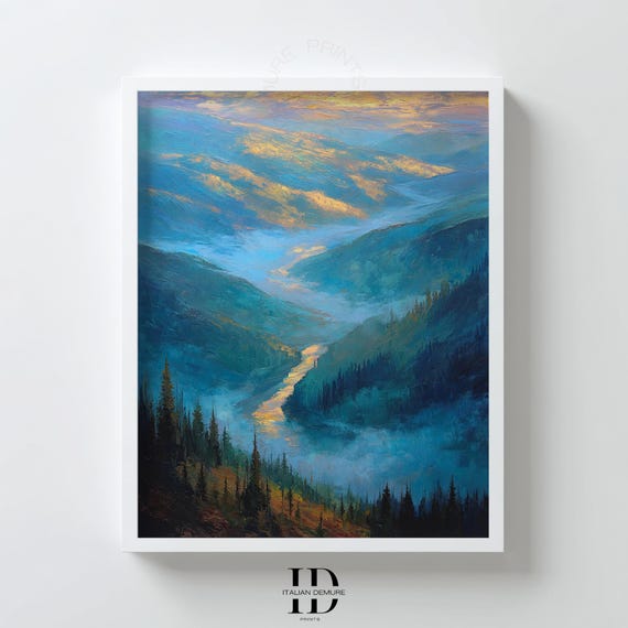 Mountain Valley Landscape Wall Art Misty Blue Forest River Print Serene Sunset Nature Scene Moody Painting