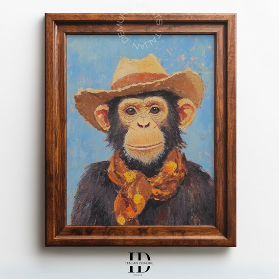 Whimsical Cowboy Monkey Portrait Funny Animal Print Kids Room Nursery Home Office Or Quirky Wall Decor
