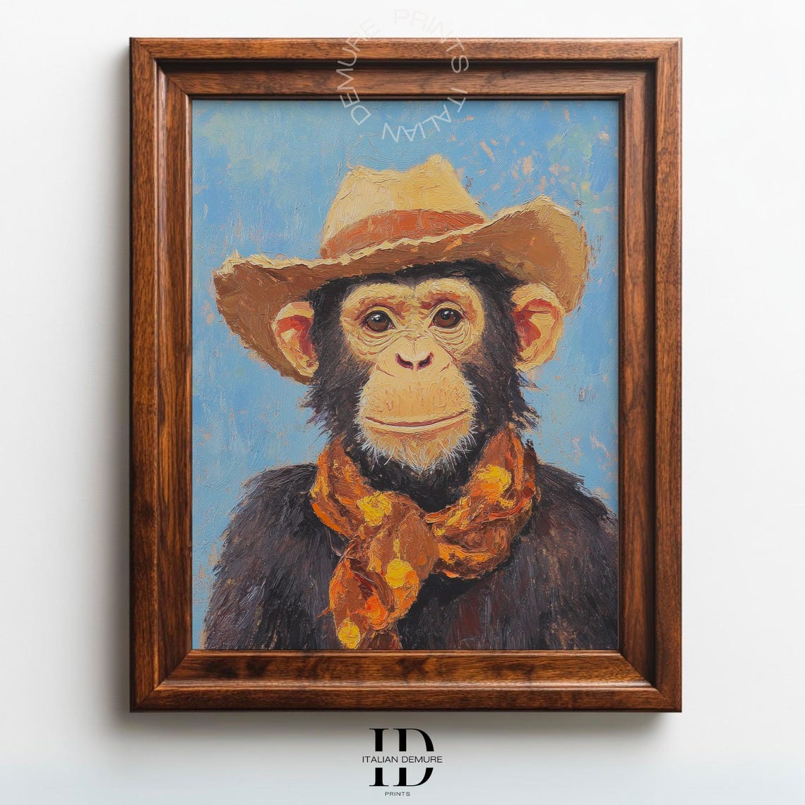 Whimsical Cowboy Monkey Portrait Oil Painting With Orange Scarf Print
