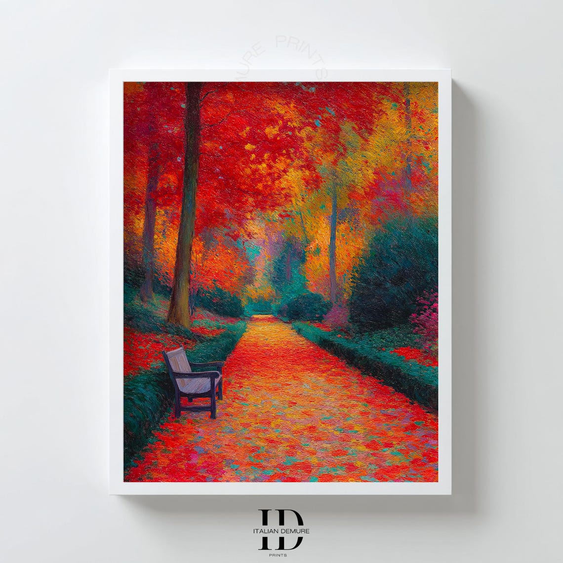 Fiery Red Autumn Park Path Impressionist Fall Landscape Poster