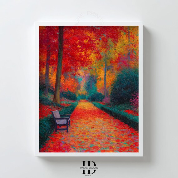 Autumn Park Path Print Impressionist Fall Landscape Art Red Orange Foliage Bench Scene Colorful Wall Decor Poster