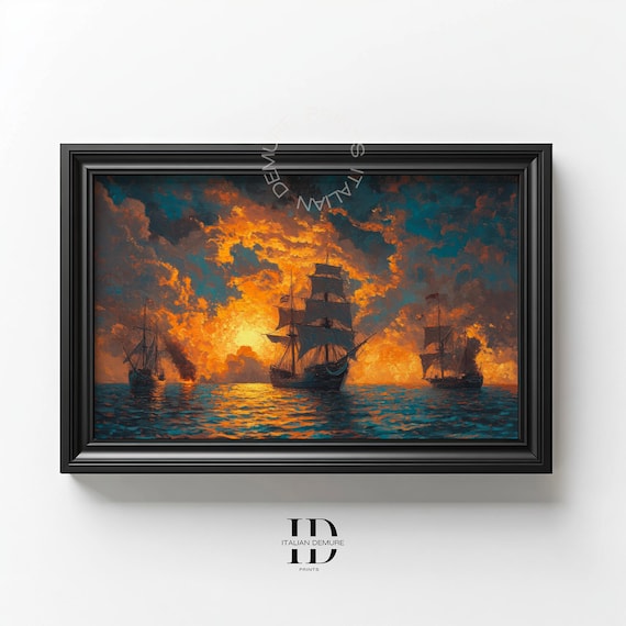 Pirate Ships Sailing At Fiery Sunset Dramatic Ocean Art Poster