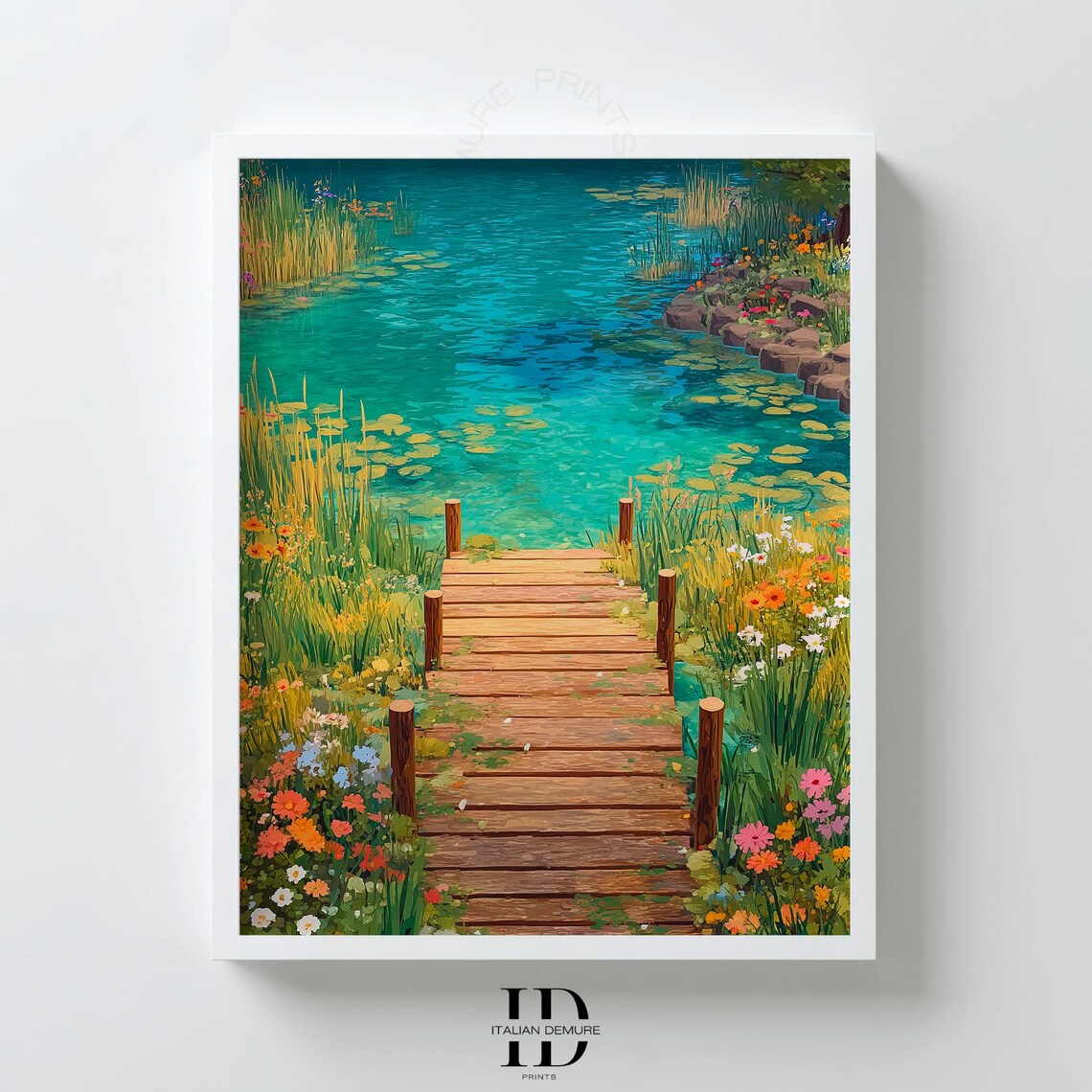Wooden Dock Over Turquoise Lake Wildflower Painting Nature Poster