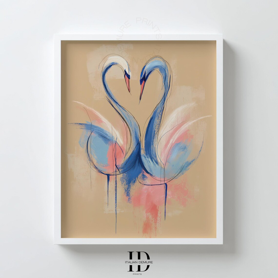 Abstract Swan Couple Heart Shape Modern Blue And Pink Wall Art