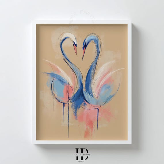 Abstract Swan Wall Art Romantic Couple Modern Blue And Pink Bird Painting Minimalist Animal Love Decor