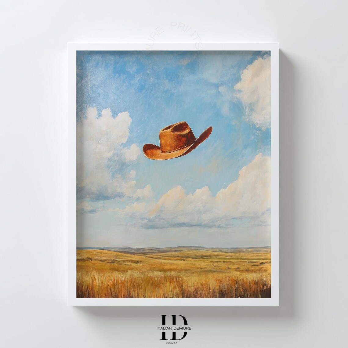 Floating Cowboy Hat Surreal Blue Sky Golden Prairie Field Poster Art